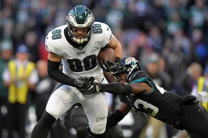 Oct 28, 2018; London, United Kingdom; Philadelphia Eagles tight end Dallas Goedert (88) is defended by Jacksonville Jaguars defensive back Quenton Meeks (43) on a 32-yard touchdown reception in the second quarter during an NFL International Series game at Wembley Stadium. Mandatory Credit: Kirby Lee-USA TODAY Sports